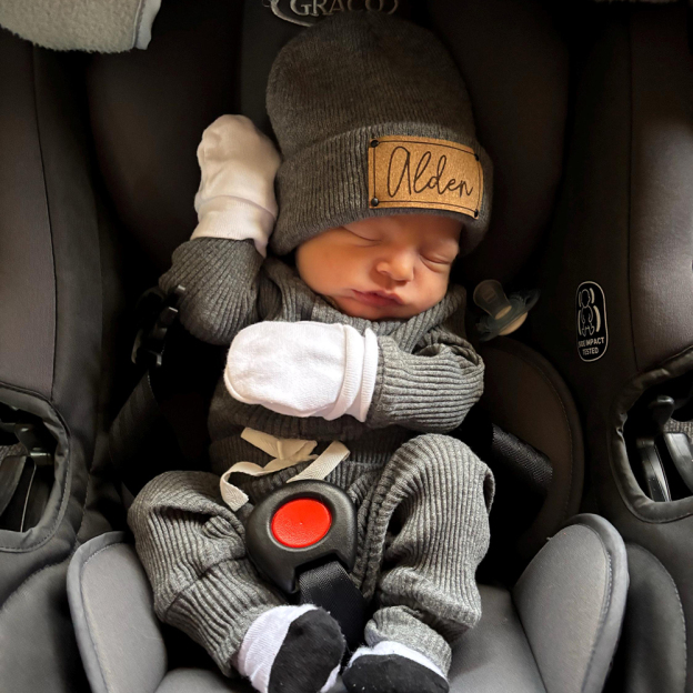 Personalized Leather Patch Baby Beanie Outfit Set | CWBaby84