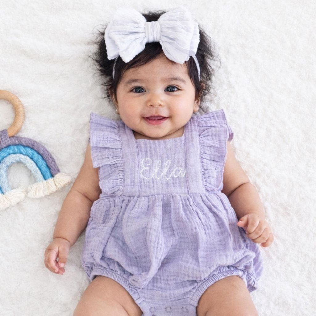 Personalized Embroidery Baby Organic Cotton Muslin Romper with Bow | inRomper35