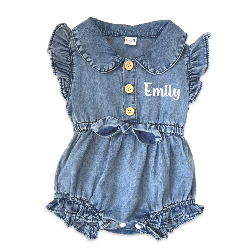 Personalized Baby Girl Elegance Denim Ruffled Romper | CWBaby476