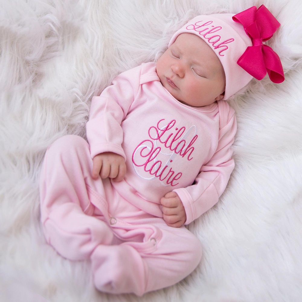 Personalized Embroidery Baby Girl Coming Home Romper and Hat Set | CWBaby479