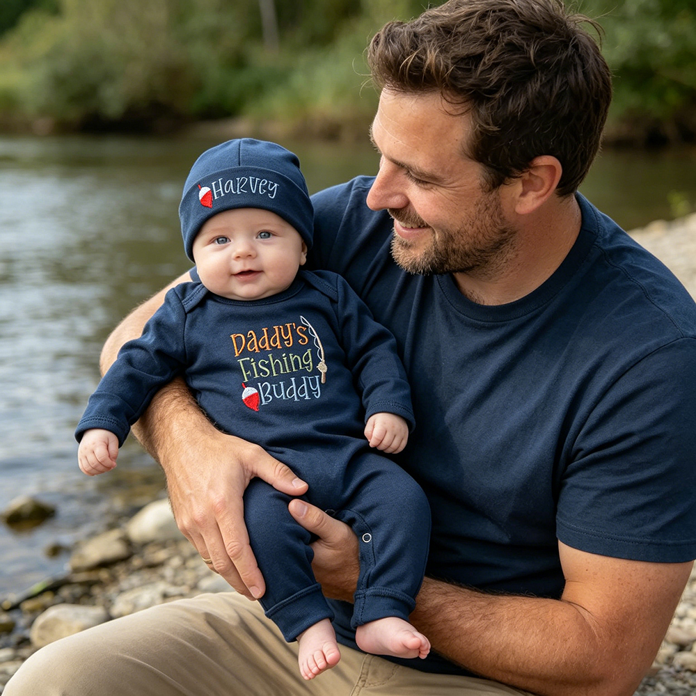 Personalized Embroidery Daddy's Fishing Buddy Romper and Hat Set | CWBaby481