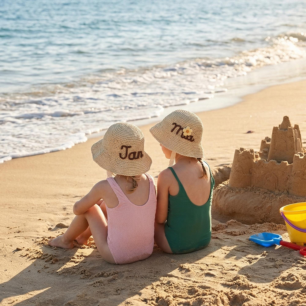 Personalized Hand Embroidered Straw Floppy Sun Hat | CWBeach163