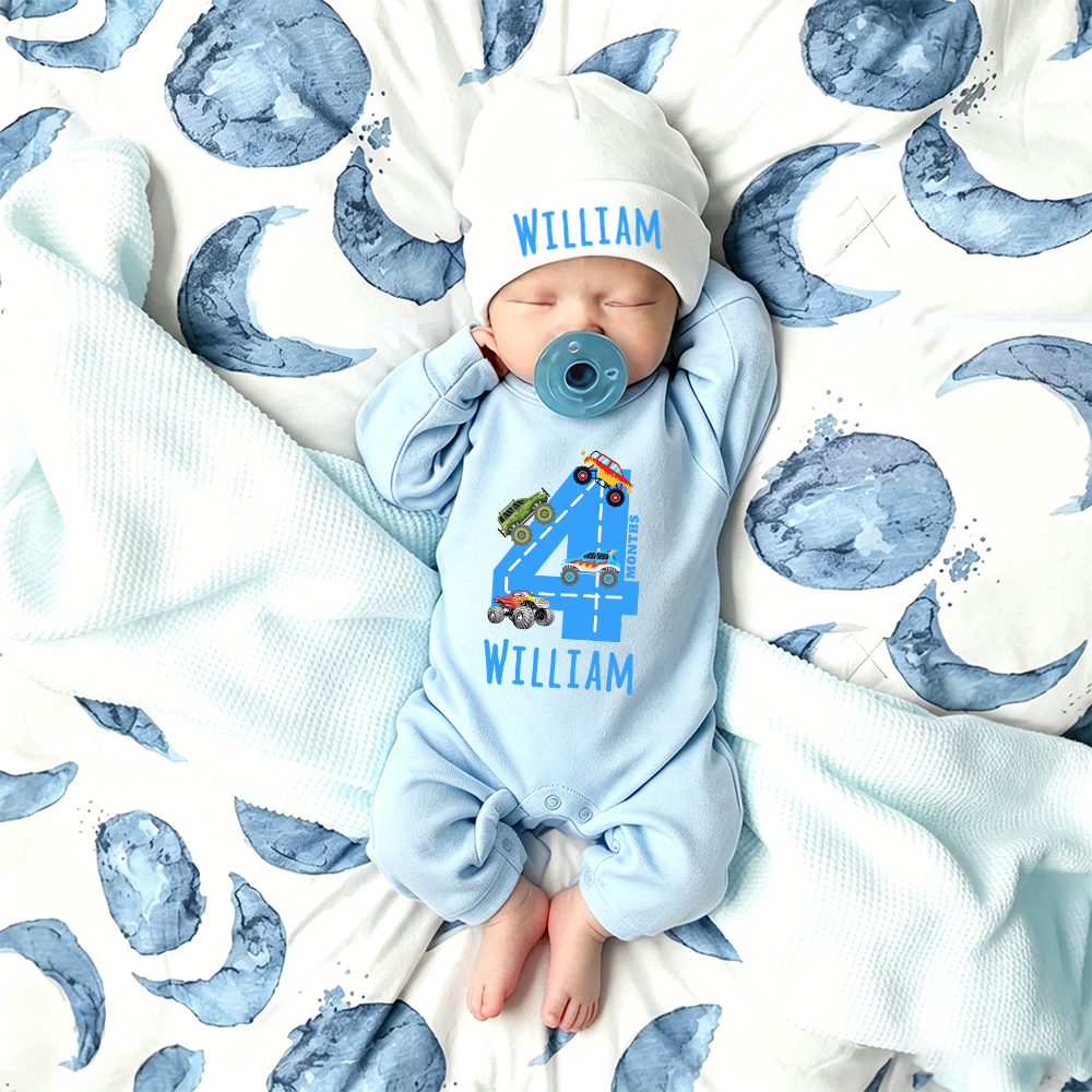 Personalized Baby Transportation Vehicle Romper With Hat Set | CWBaby497