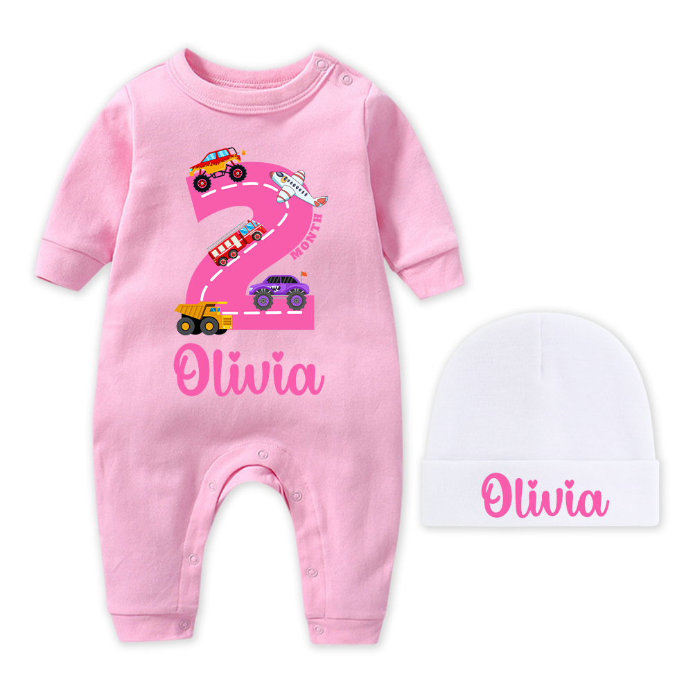 Personalized Baby Transportation Vehicle Romper With Hat Set | CWBaby497