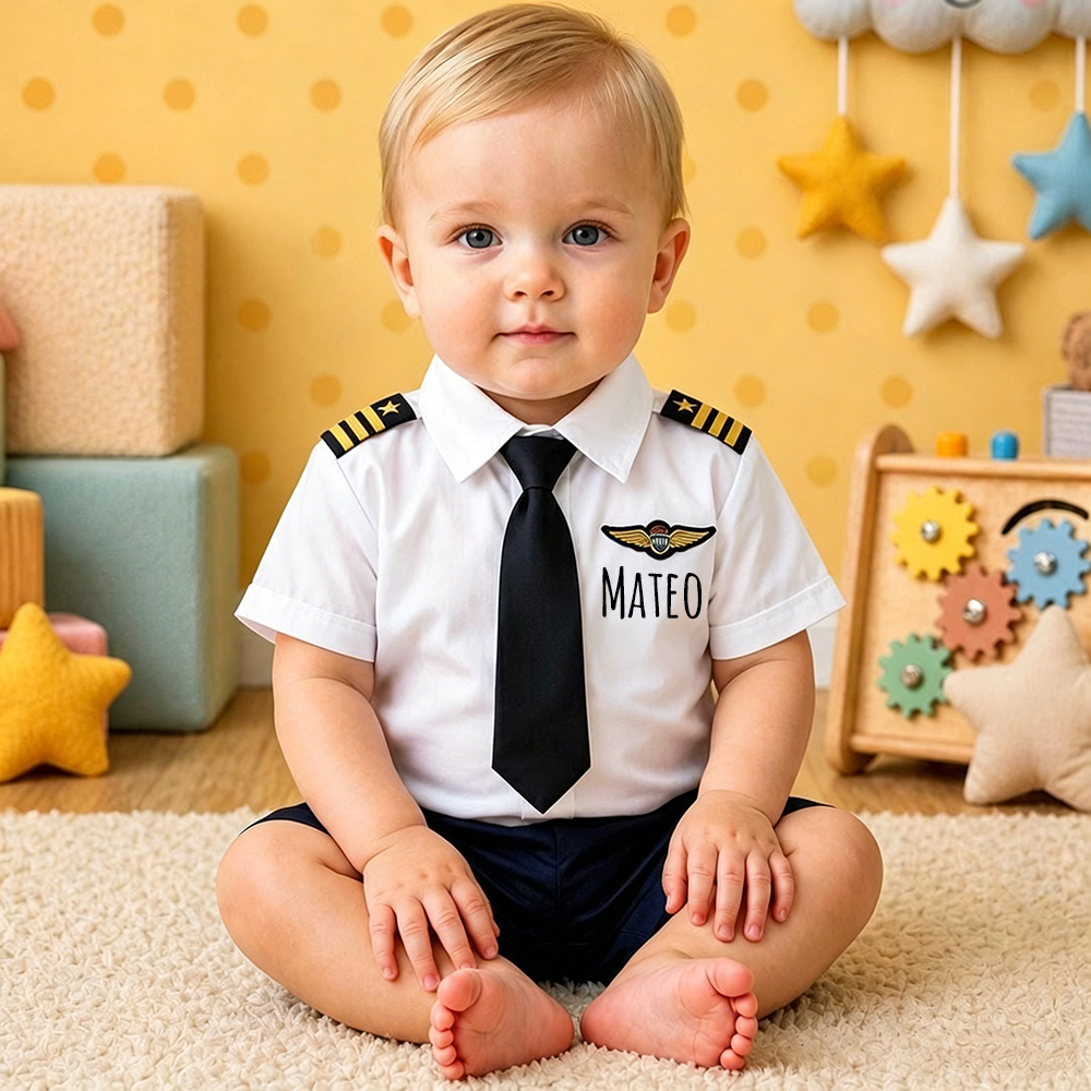 Personalized Baby Pilot Short-Sleeved Shirt and Shorts Set | CWBaby498