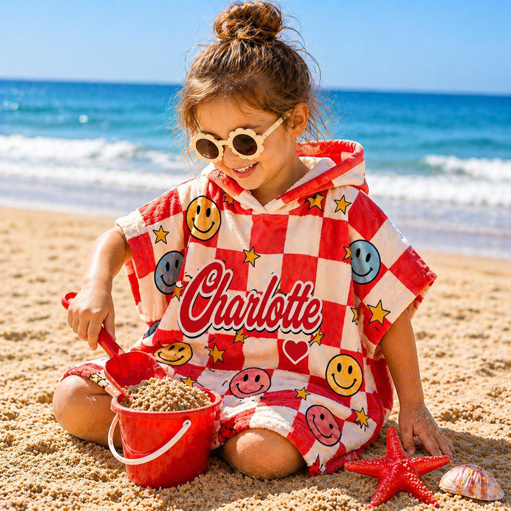 Personalized Checkered Smiley Kids Hooded Beach Towel for Summer & Beach | CWHTowel50