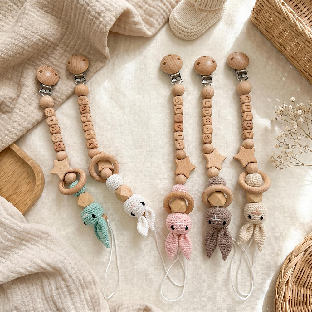 Personalized Bunny Baby Pacifier Wooden Bead Clip | CWToy194