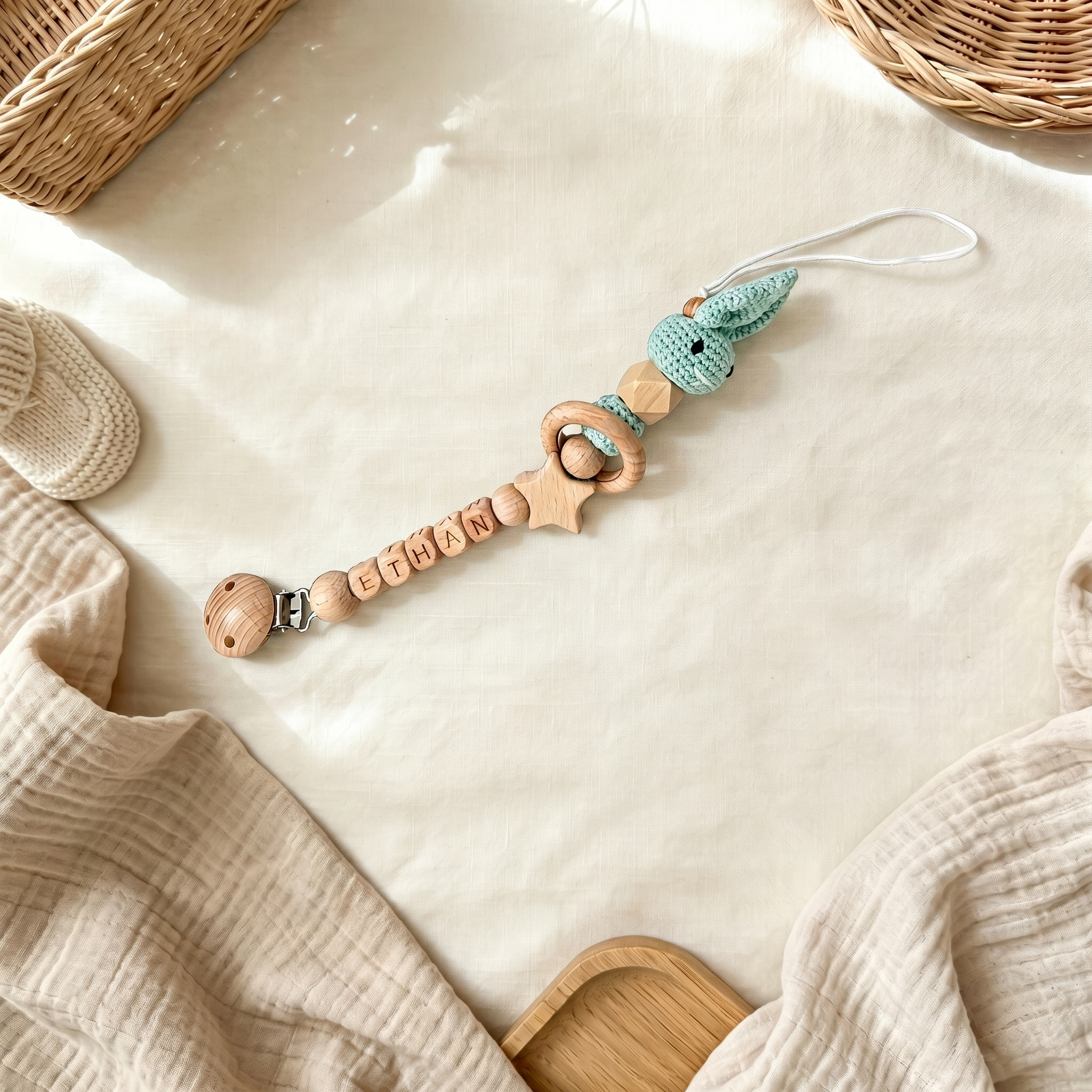 Personalized Bunny Baby Pacifier Wooden Bead Clip | CWToy194