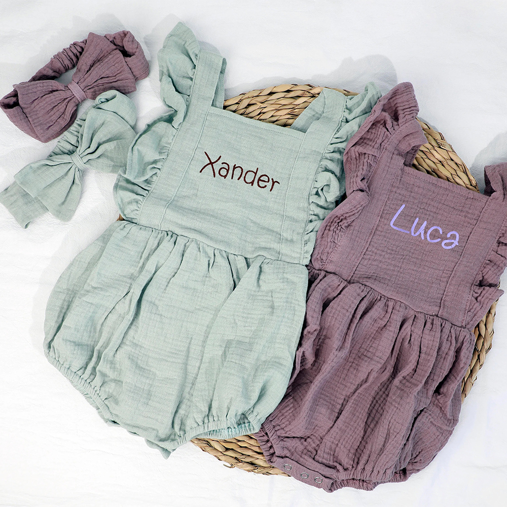 Personalized Embroidery Baby Organic Cotton Muslin Romper with Bow | inRomper35