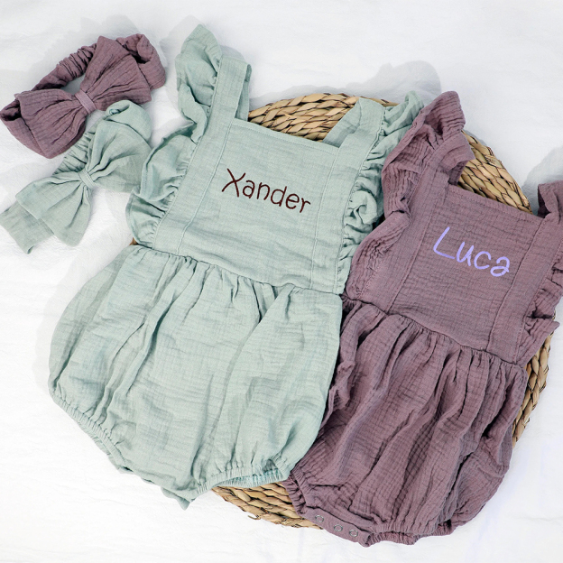 Personalized Embroidery Baby Organic Cotton Muslin Romper with Bow | inRomper35