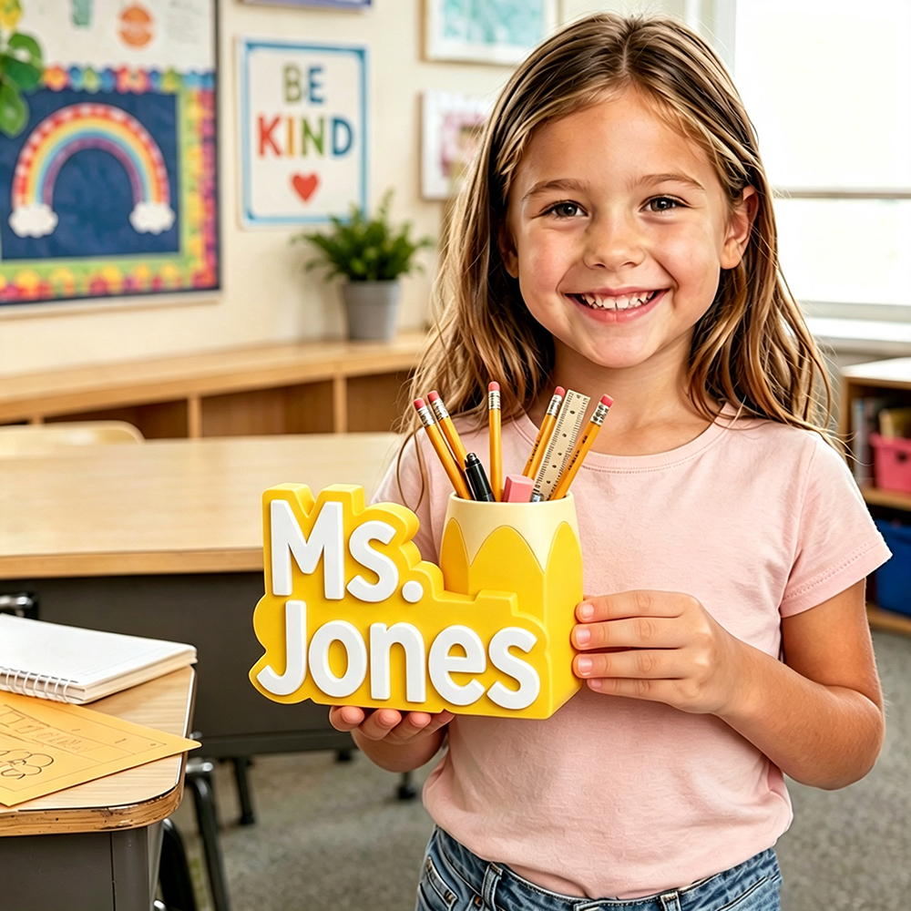 Personalized 3D Printed Teacher Pen Cup and Name Stand | CWTeach14