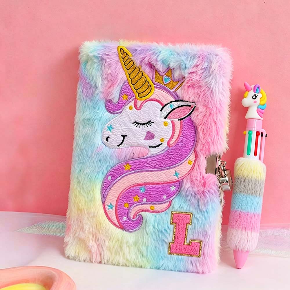 Personalised Chenille Patch Unicorn Fluffy Diary and Pen Set | CWToy196