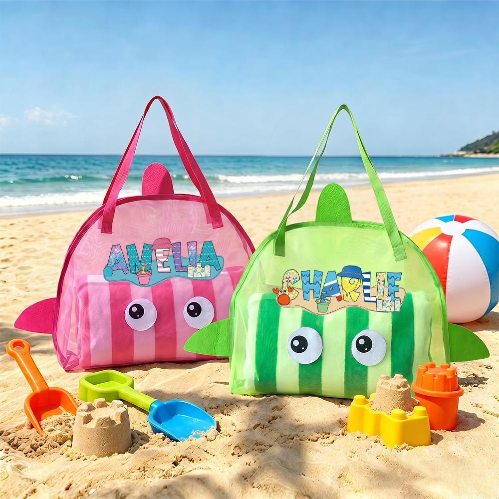 Personalized Adorable Shark Seashell Zipper Mesh Beach Bag | CWBeach262