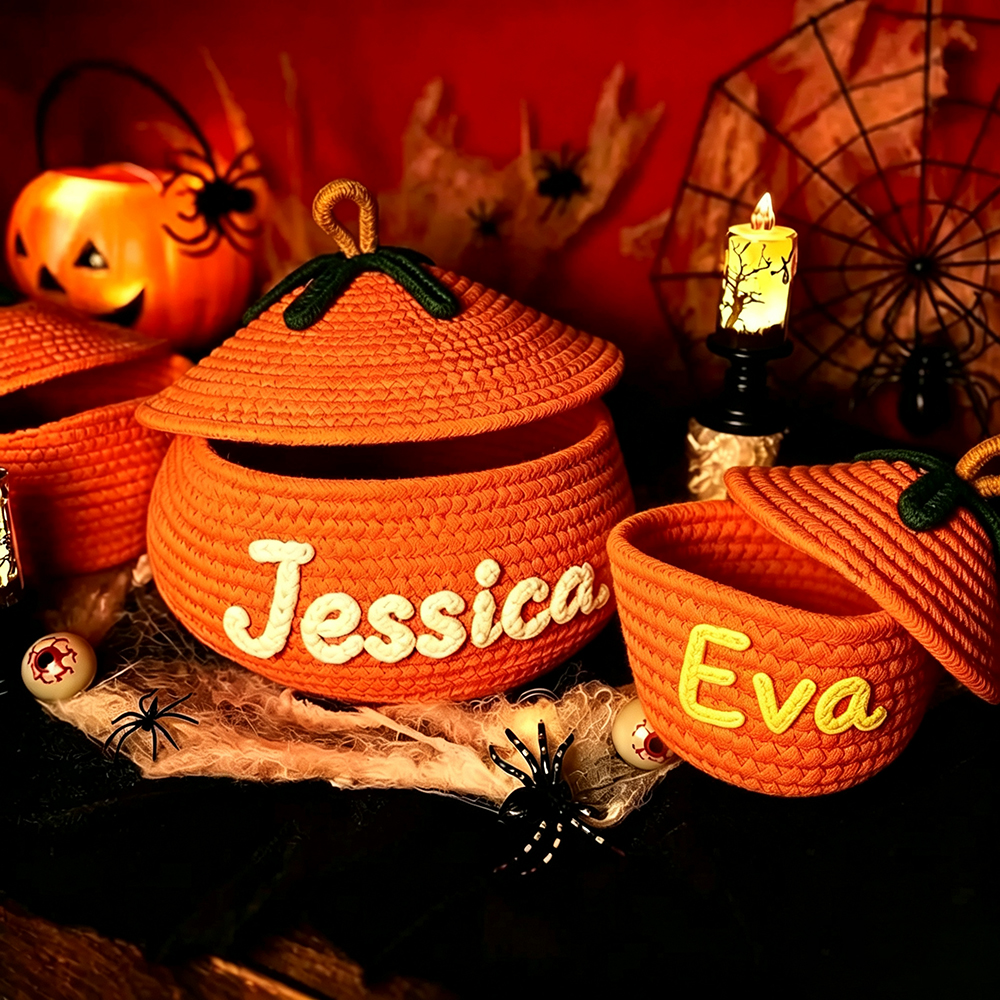 Personalized Hand Embroidered Halloween Pumpkin Treat Bucket | CWHalloween106