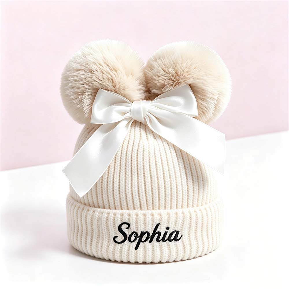 Personalized Embroidered Baby Pom Pom Hat with Bow | HSKid85