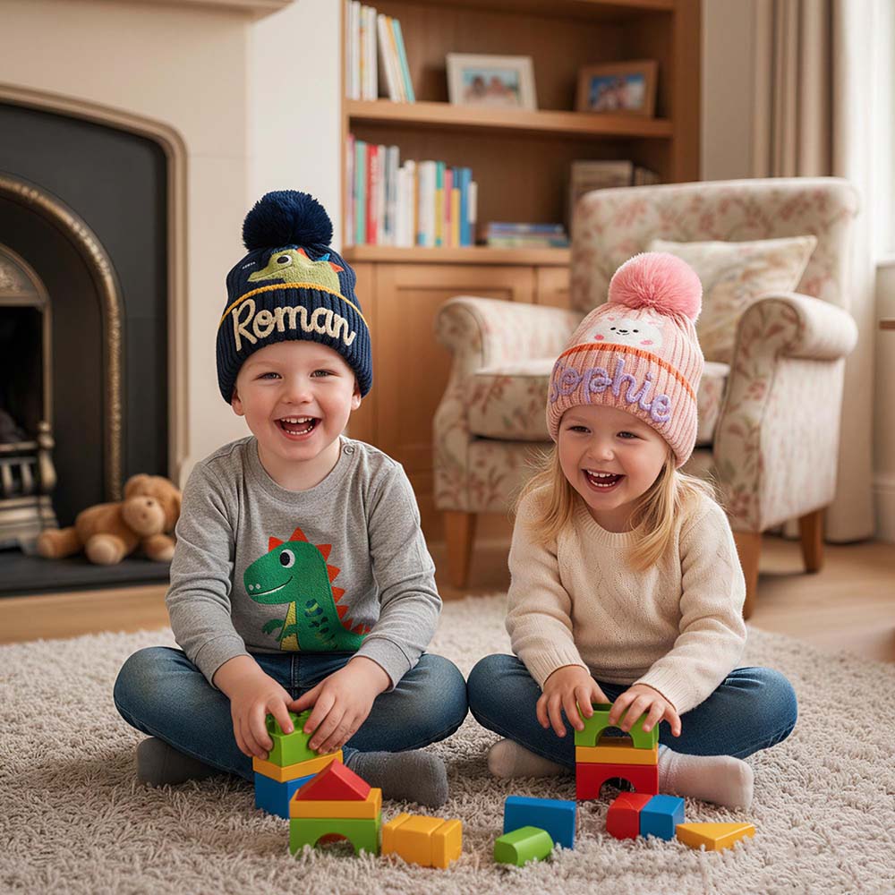 Personalized Hand Embroidery Cartoon Animal Pom Pom Beanie WinterHat | HSKid90