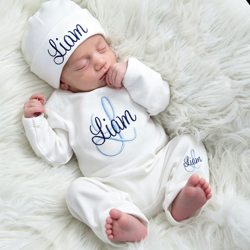 Personalized Embroidery Monograms Baby Coming Home Romper and Hat Set | CWBaby160
