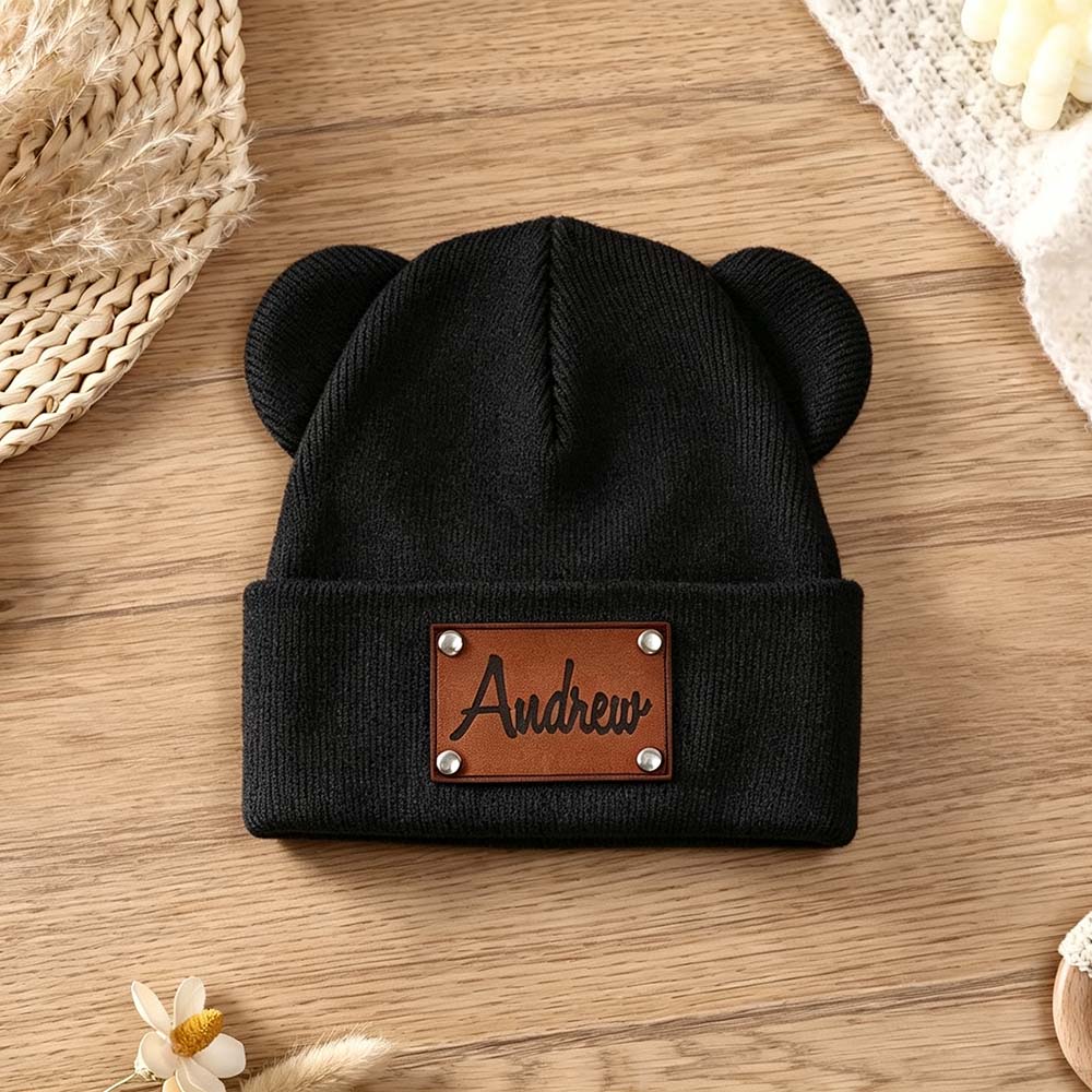 Personalized Leather Patch Kid Beanie Hat With Bear Ears | HSKid92