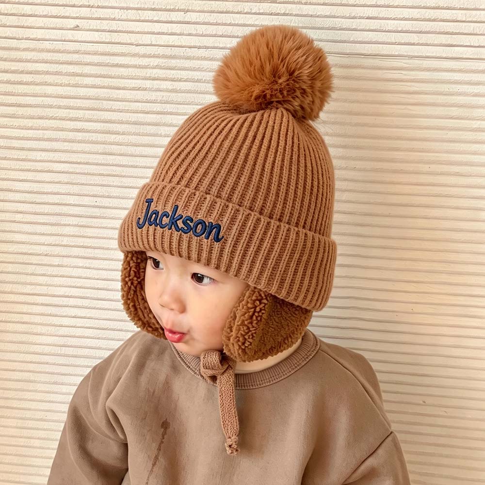 Personalized Embroidered Kids Winter Hat With Ear Flaps & Pom Pom | HSKid93