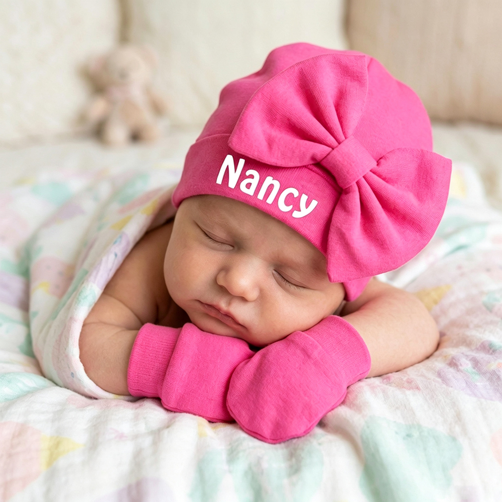 Personalized Newborn Coming Home Bow Beanie And Gloves Set | HSKid62