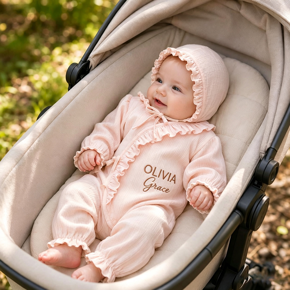 Personalized Embroidery Newborn Cotton Ruffle Wrap Baby Romper & Bonnet Set | CWBaby531