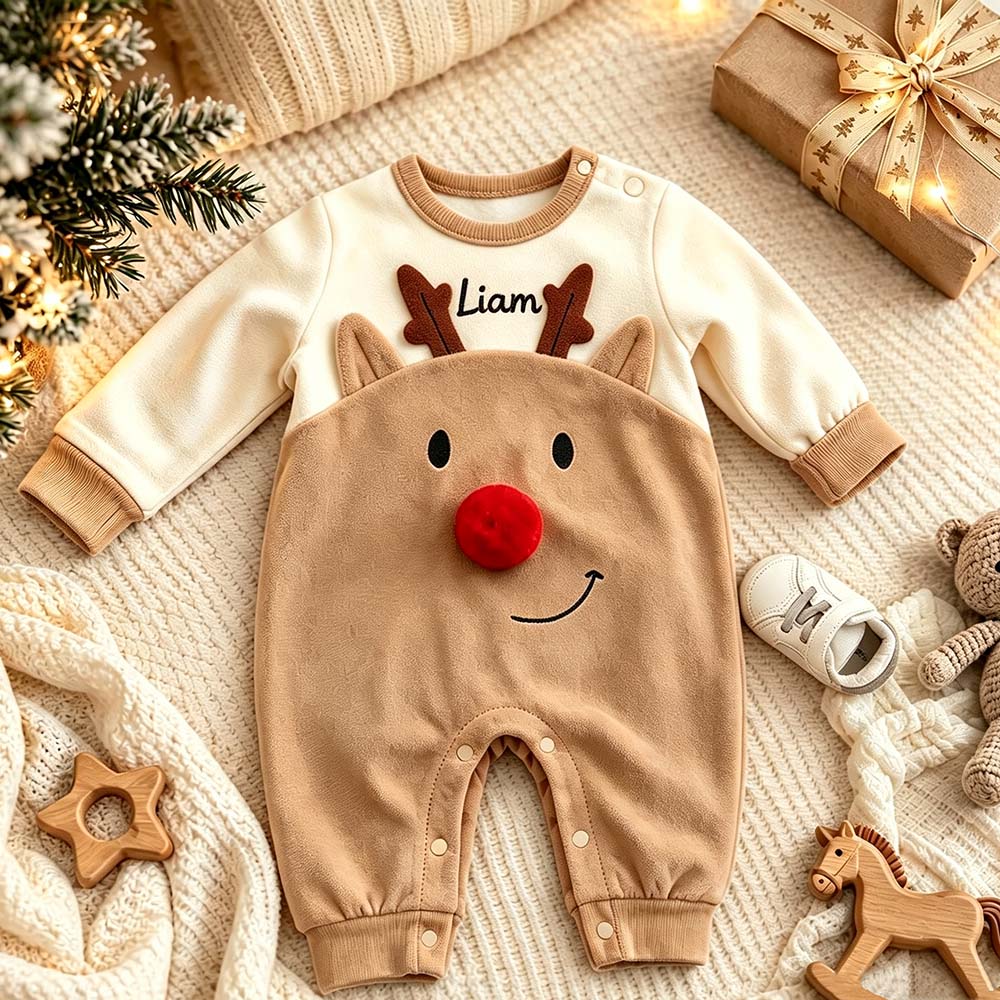 Personalized Embroidered Baby Christmas Reindeer Romper | MCGift386