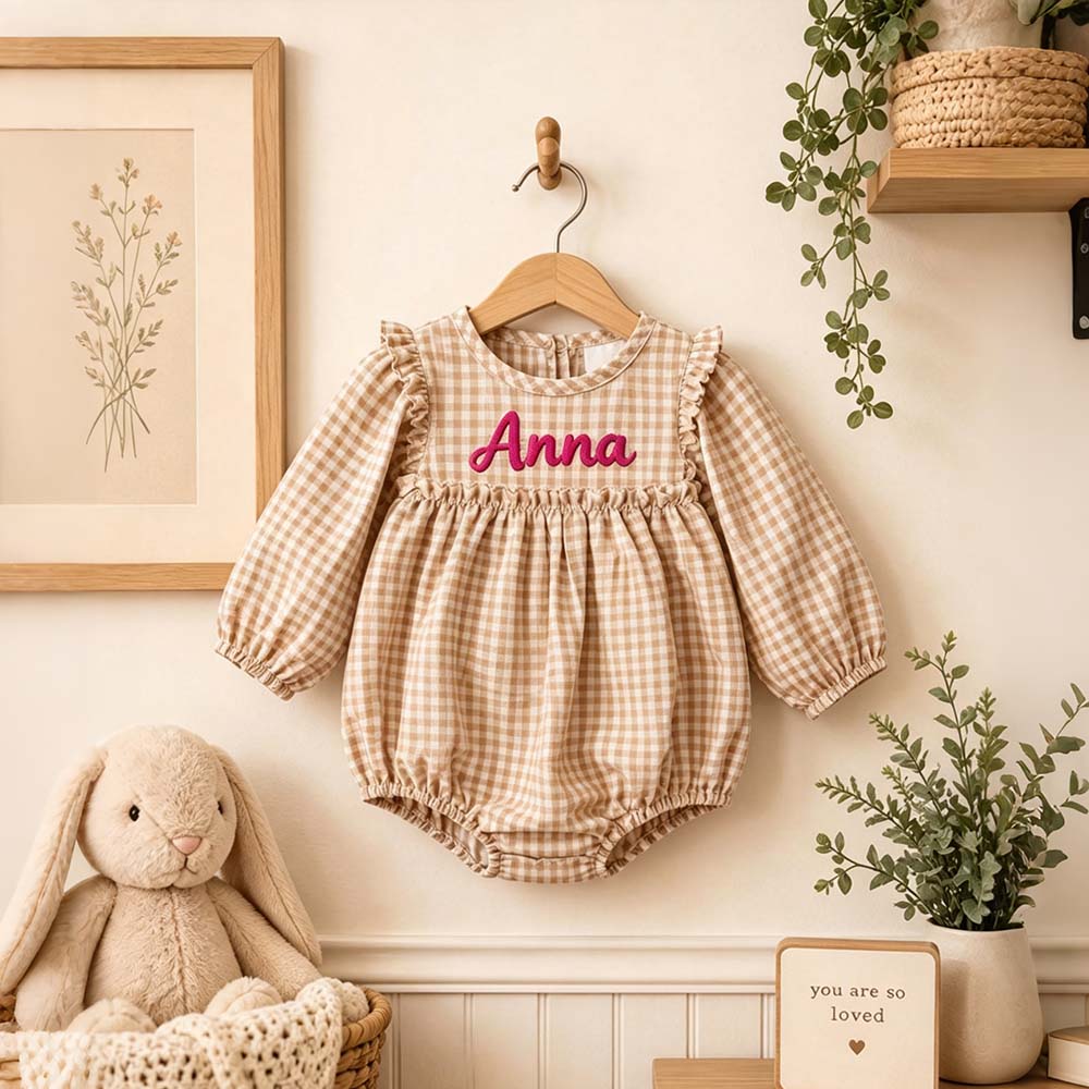 Personalized Embroidered Baby Girl Bubble Gingham Romper with Matching Bow | CWBaby533
