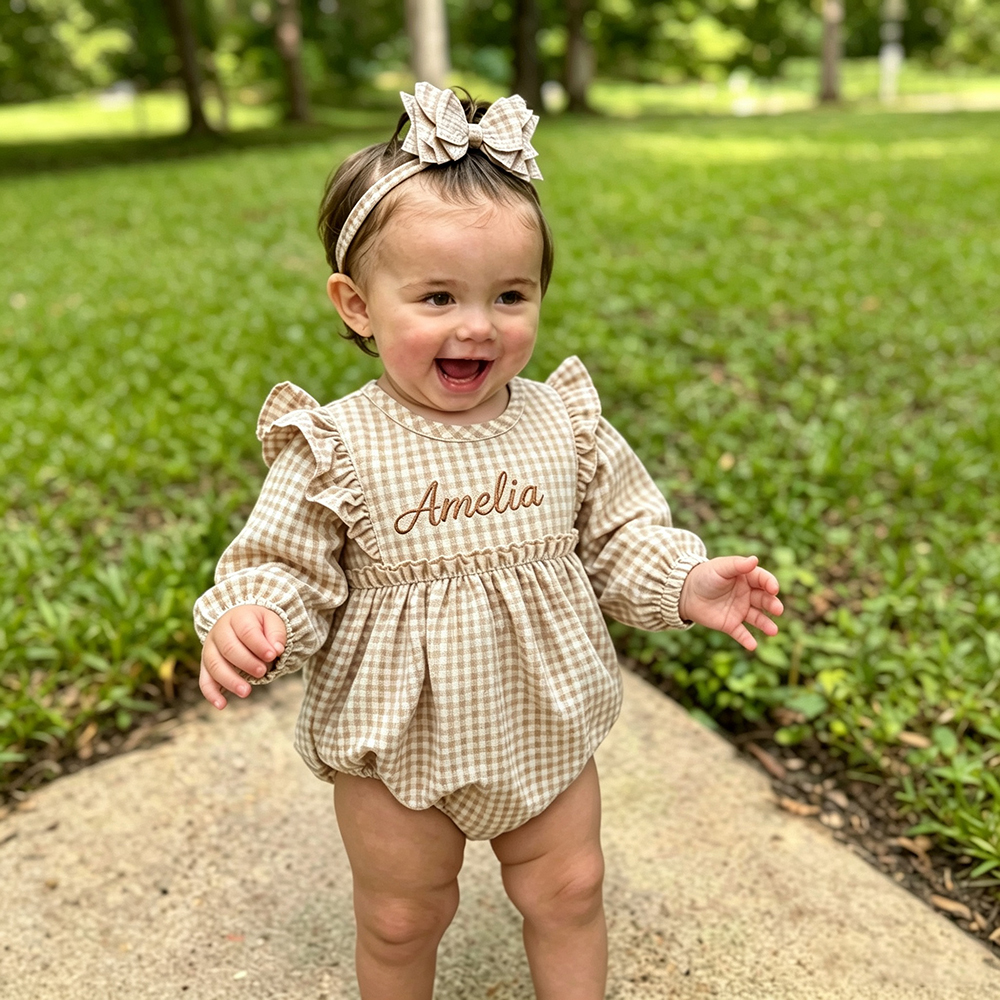 Personalized Embroidered Baby Girl Bubble Gingham Romper with Bow | CWBaby533