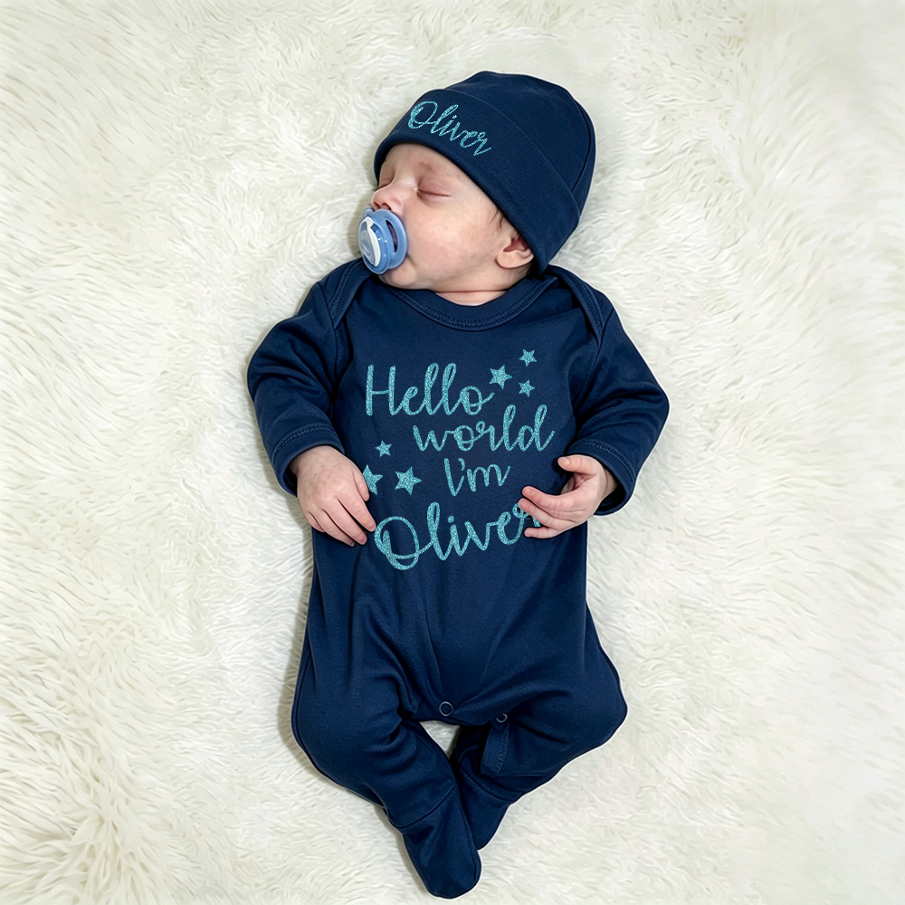 Personalized Baby Hello World Romper & Hat Set | CWBaby536