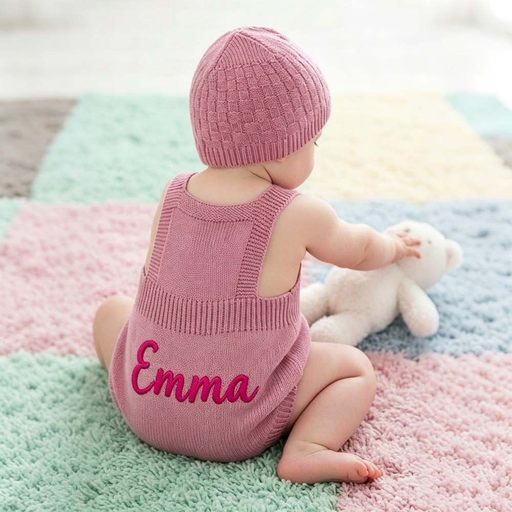 Personalized Embroidered Baby Knit Newborn Romper Set With Beanie | CWBaby538