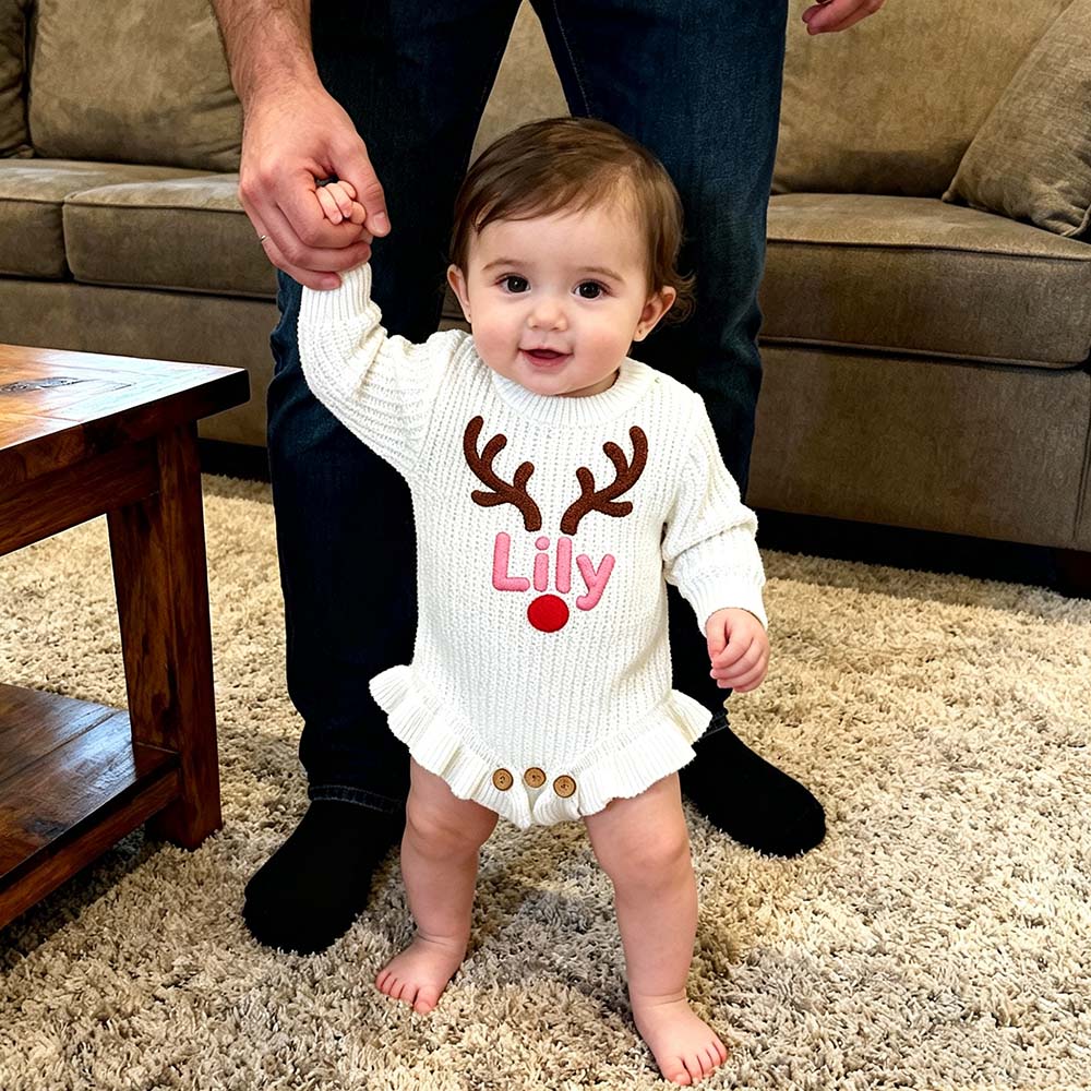 Personalized Embroidered Reindeer Baby Romper Set With Bow Headband & Socks | MCGift388