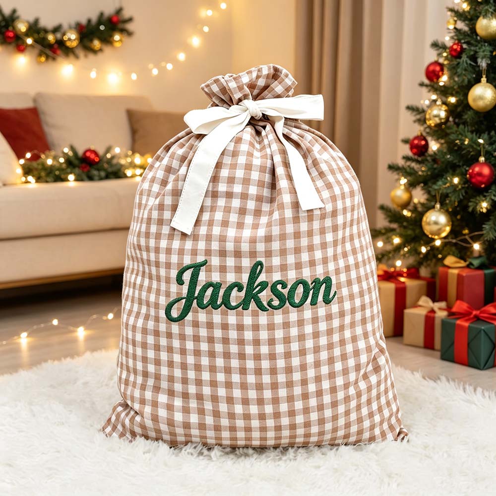 Personalized Embroidered Gingham Santa Gift Bag | MCGift391