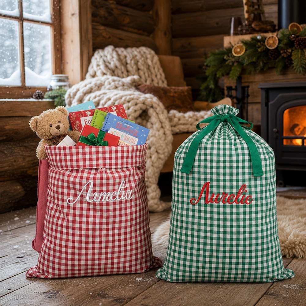 Personalized Embroidered Reusable Gingham Santa Gift Bag | MCGift391