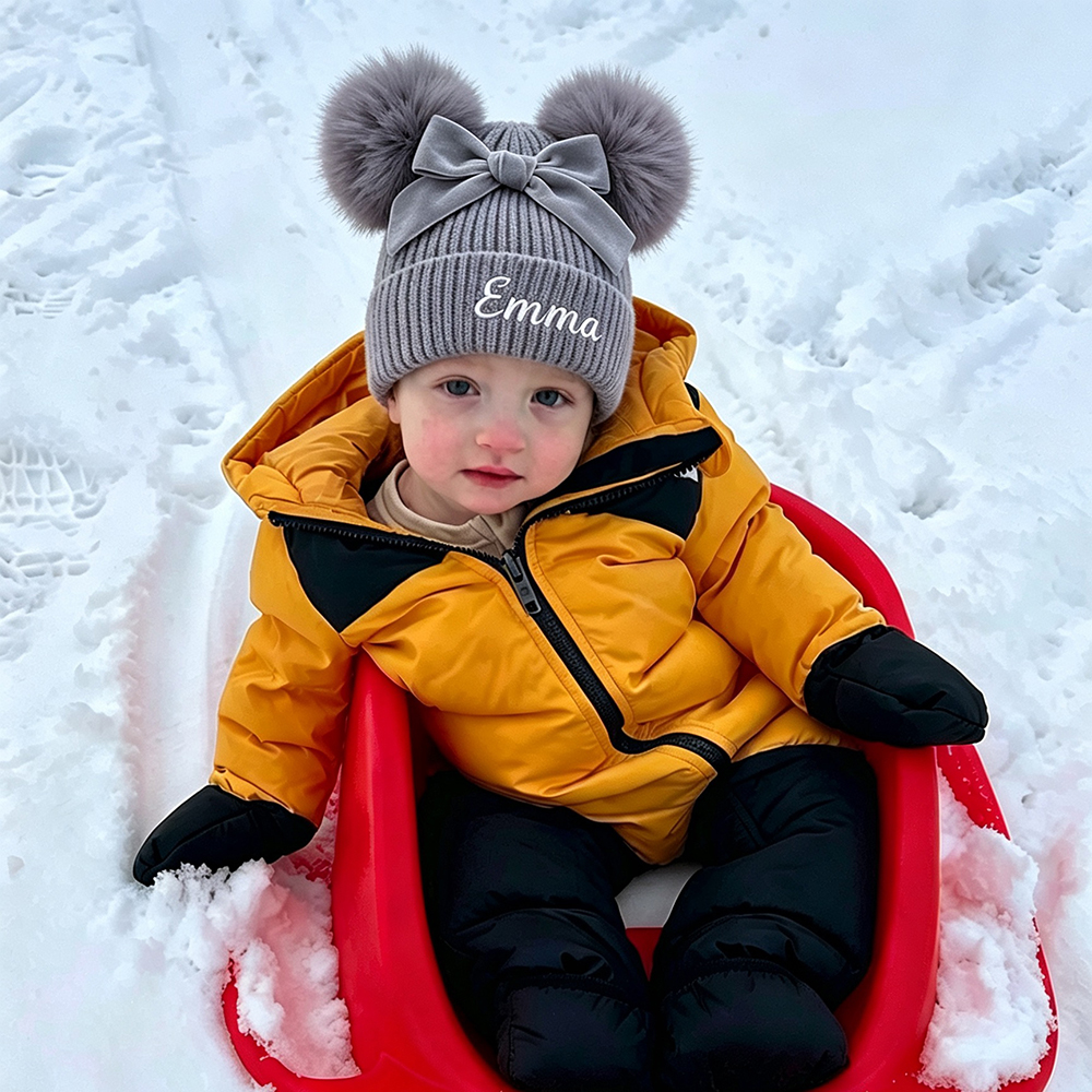 Personalized Embroidered Baby Pom Pom Hat with Bow | HSKid85