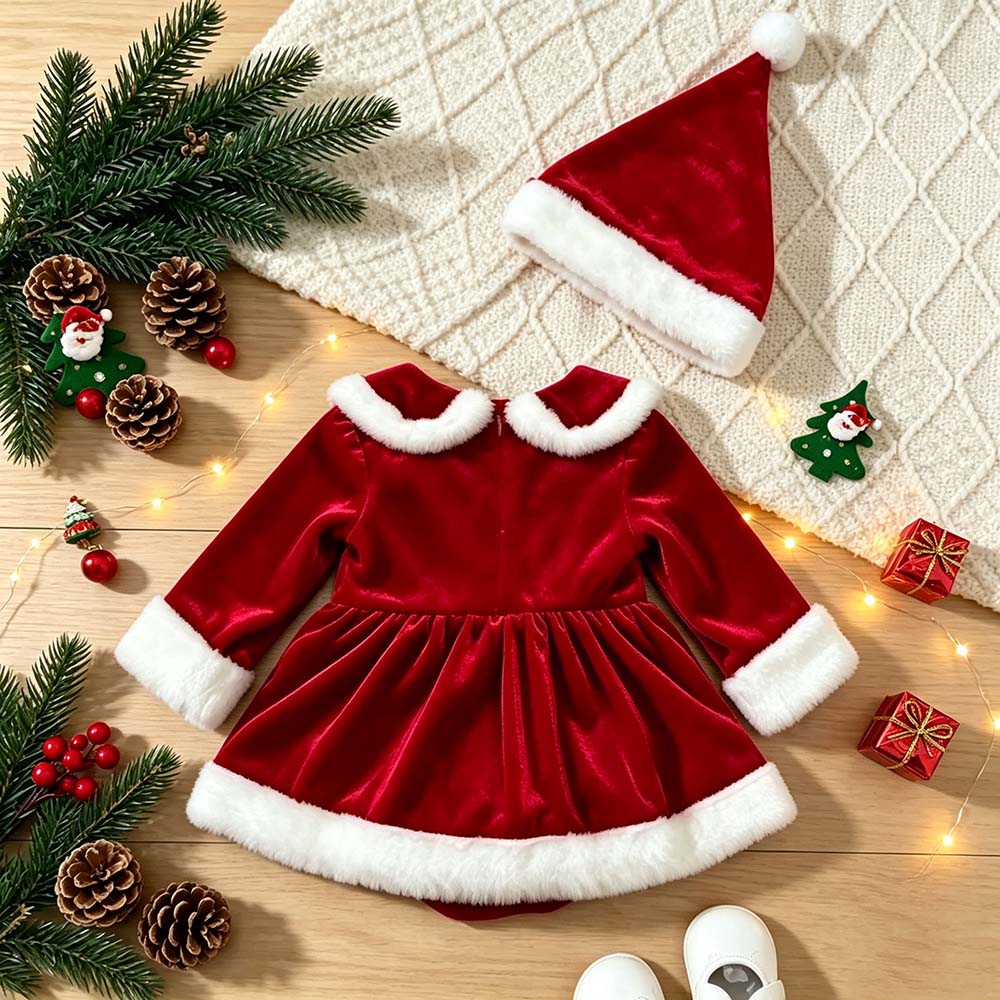 Personalized Embroidered Velvet Baby Santa Claus Dress Outfit with Santa Hat | MCGift406