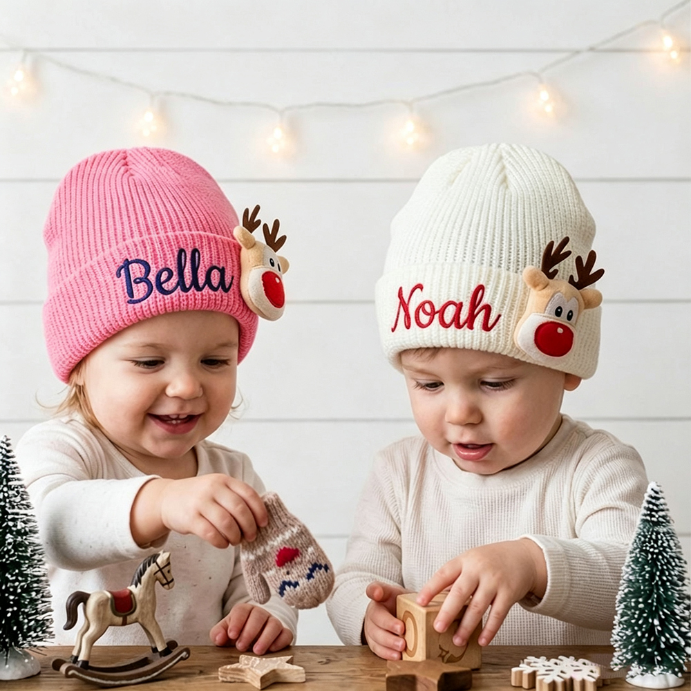 Personalized Embroided Christmas Reindeer Color Beanie | HSKid51