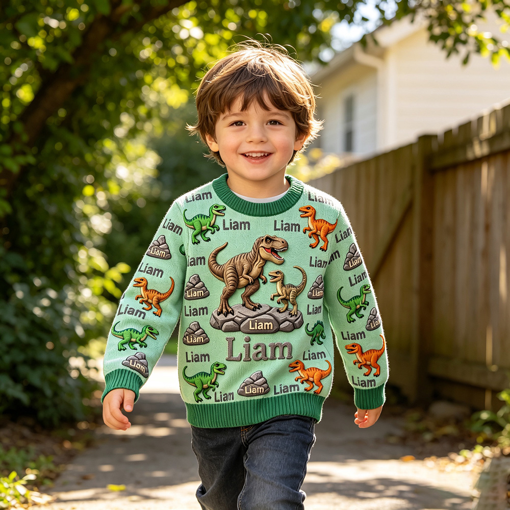 Personalized Lovely Kids Forest Dinosaur Knit Sweater | CWSweater26