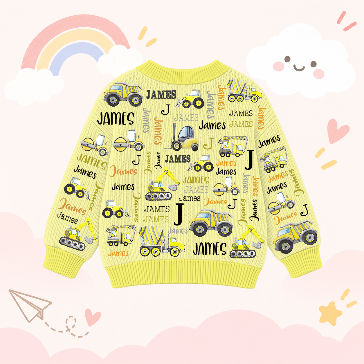 Personalized Lovely Kids Construction Vehicle Knit Sweater | CWSweater20