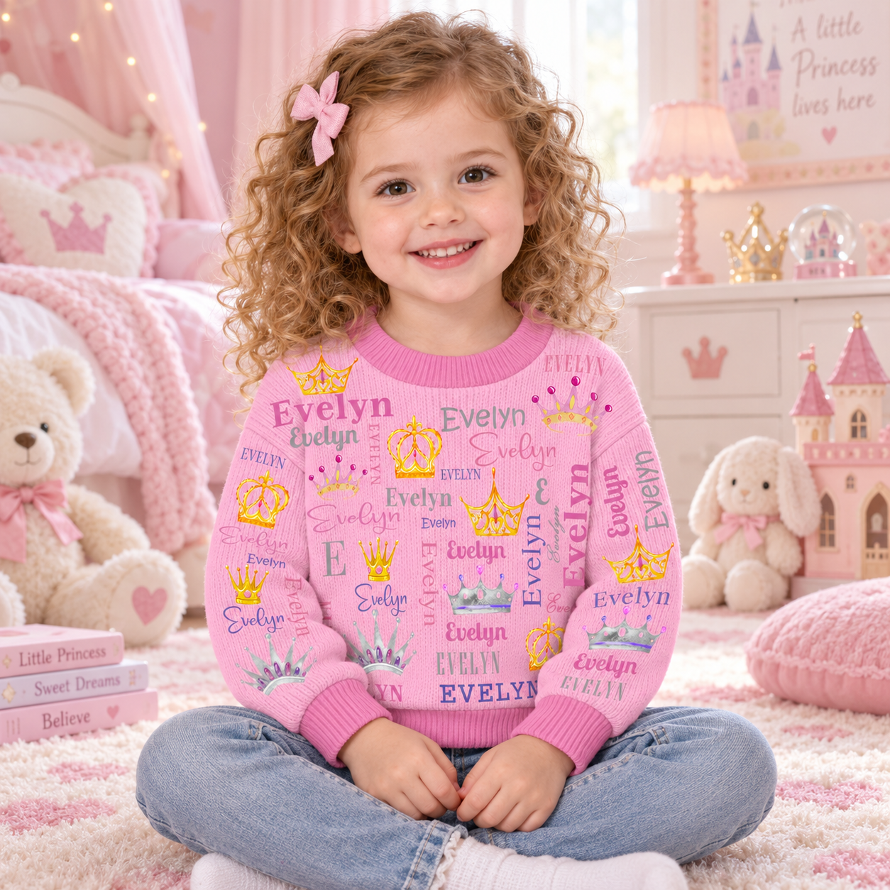 Personalized Lovely Kids Diamond Crown Knit Sweater | CWSweater23