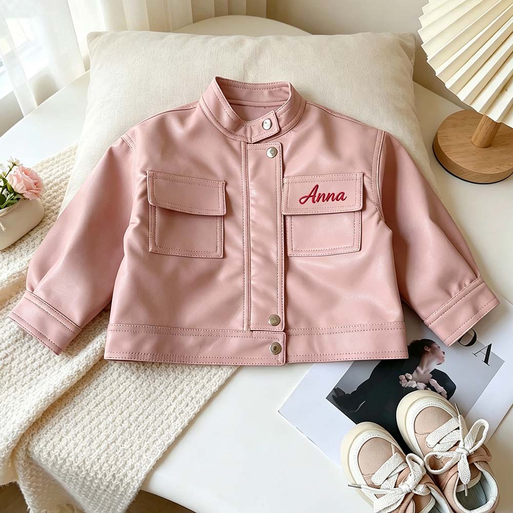 Personalized Embroidered Long-Sleeved Leather Jacket For Girls | CWBaby541