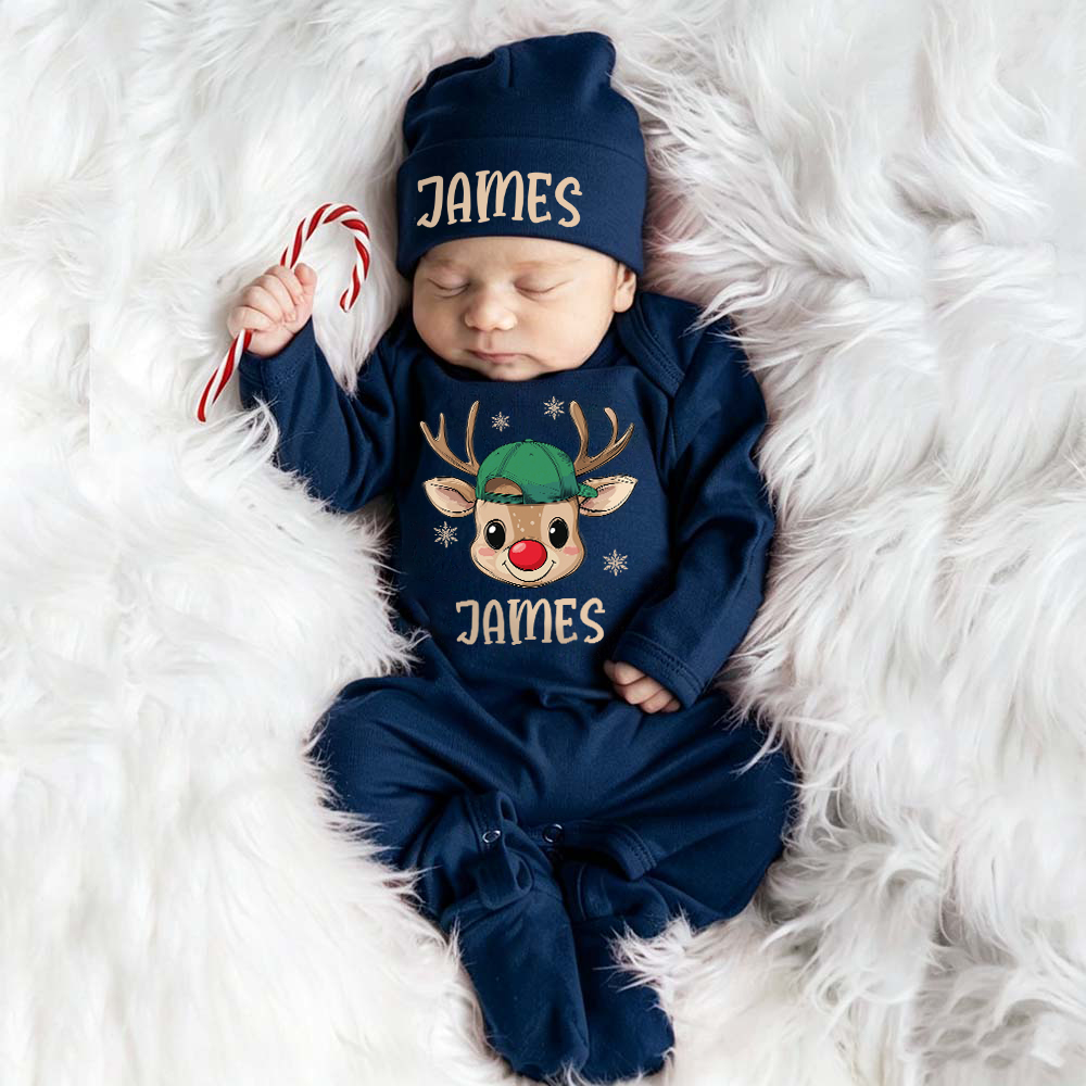 Personalized Baby Christmas Reindeer Romper & Hat Set | MCGift421