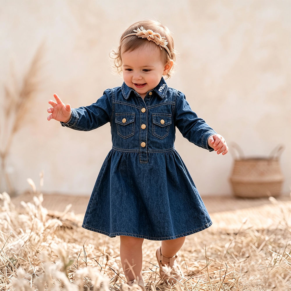 Personalized Long Sleeves Denim Dress For Girls | CWBaby542