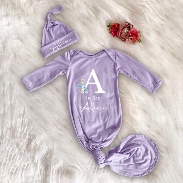 Personalized Cozy Newborn Easter Gown with Knotted Hat | CWbaby39