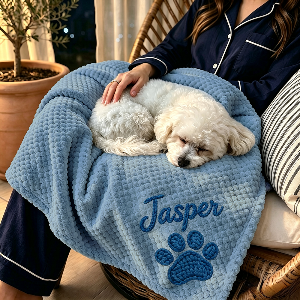 Personalized Hand Embroidered Puppy Blanket with Name & Paw Print | BKPet585