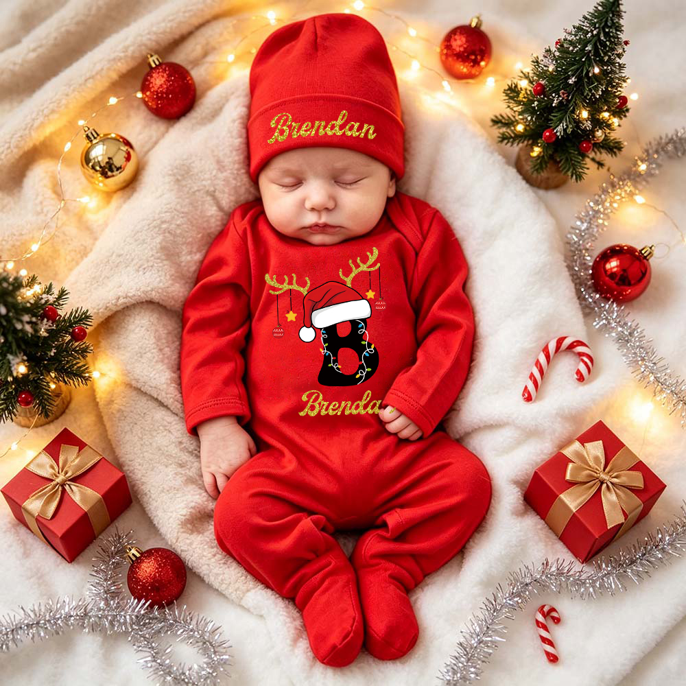 Personalized Baby Christmas Monogram Romper & Hat Set | MCGift424