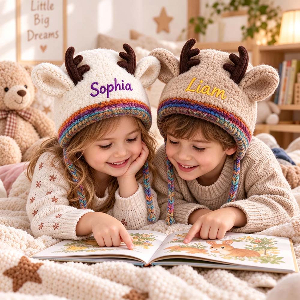 Personalized Embroidered Kids Christmas Reindeer Winter Hat | HSKid106
