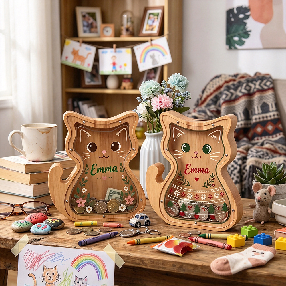 Personalized Wooden Cute Kitty Piggy Bank for Kids | MCGift432