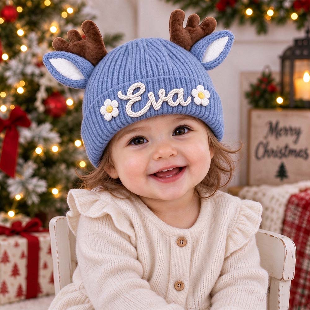 Personalized Hand Embroidery Christmas Reindeer Beanie For Toddler Kids | MCGift430