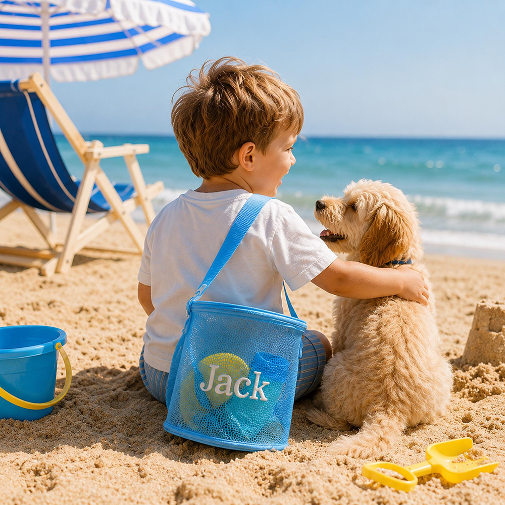 Personalized Embroidery Seashell Zipper Mesh Beach Bucket | CWBeach114