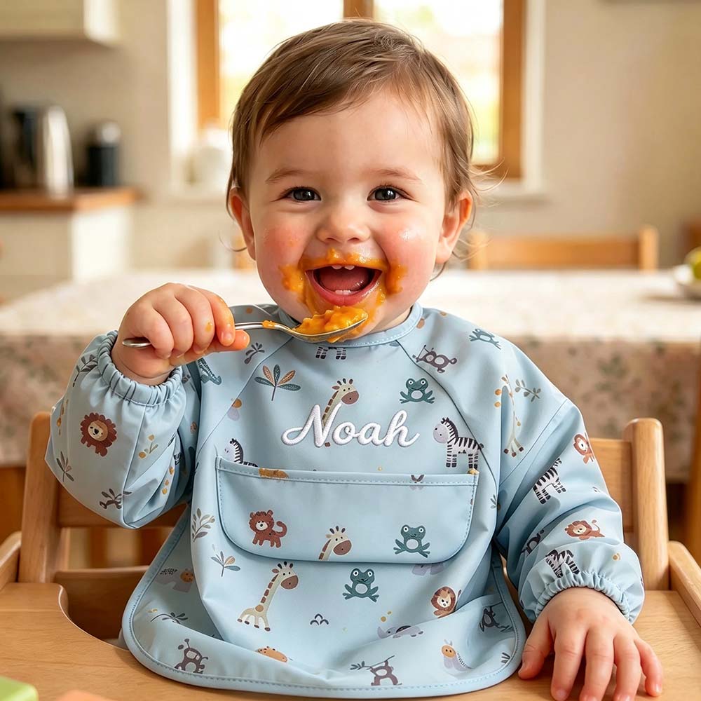 Personalized Embroidered Baby Bib Smock With Sleeves Feeding Cover | CWBaby561